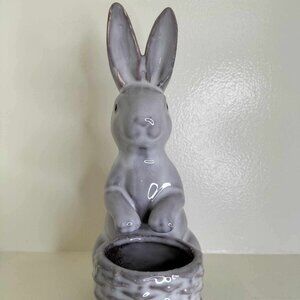White/Gray  Stoneware Rabbit with Basket Planter Egg inside 8'' Tall Easter Gift